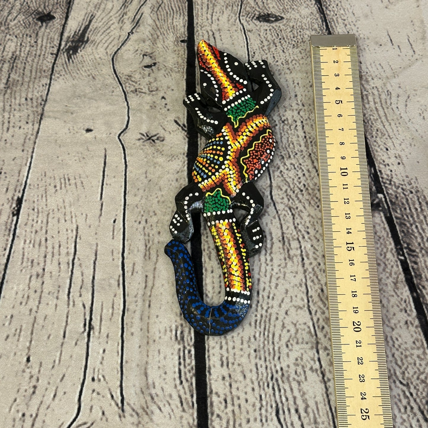20cm Gecko Carved Wooden Dot Painted Ethnic Tribal Tiki Wall Handmade No 4