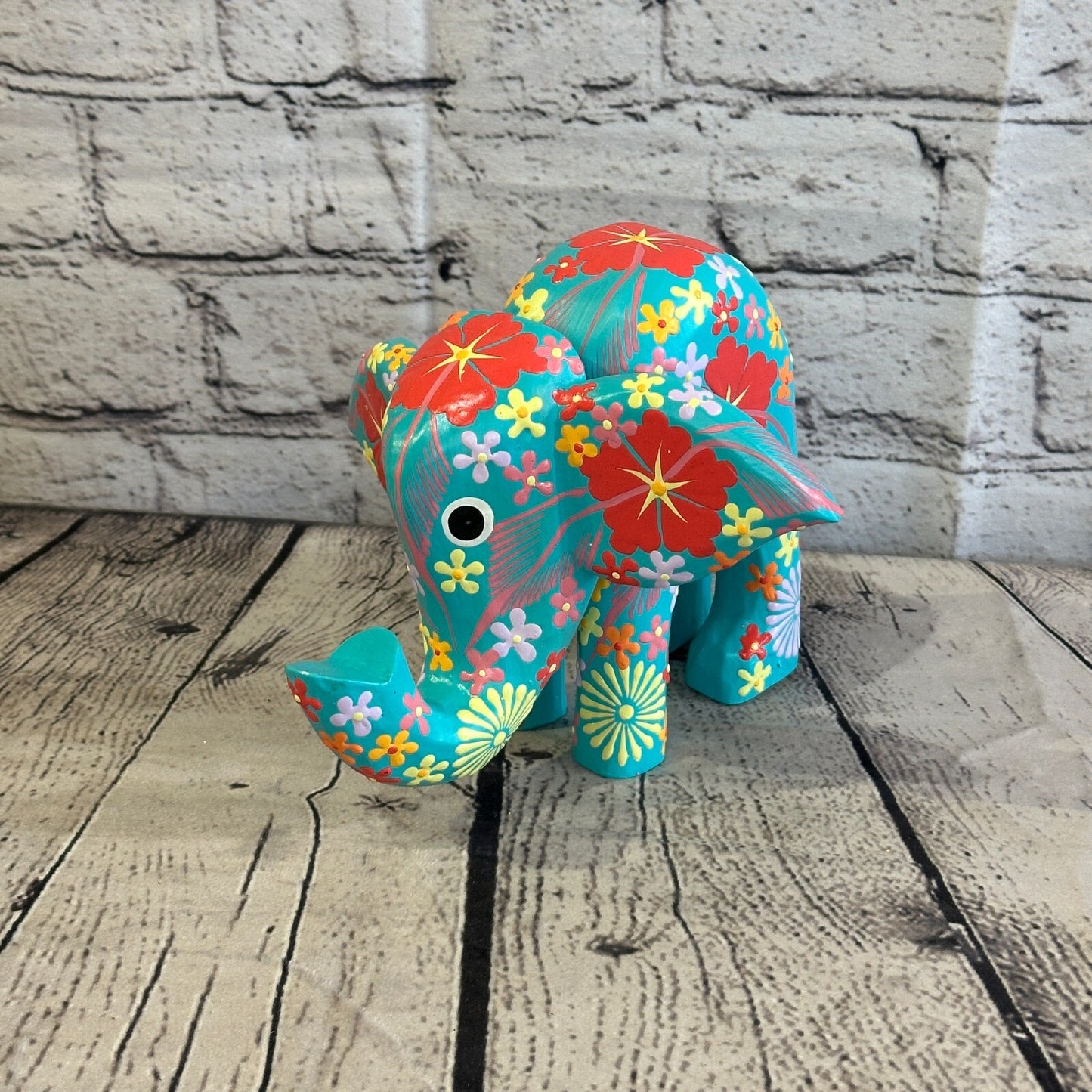 Blue Wooden Elephant With Flower Pattern 15cm x 18cm Handmade and Fairtrade