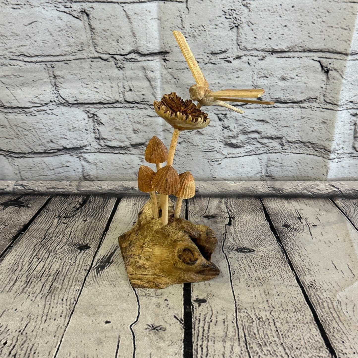 Dragonfly Mushroom Stand Parasite Wood Ornament Natural Carving Wooden Standing