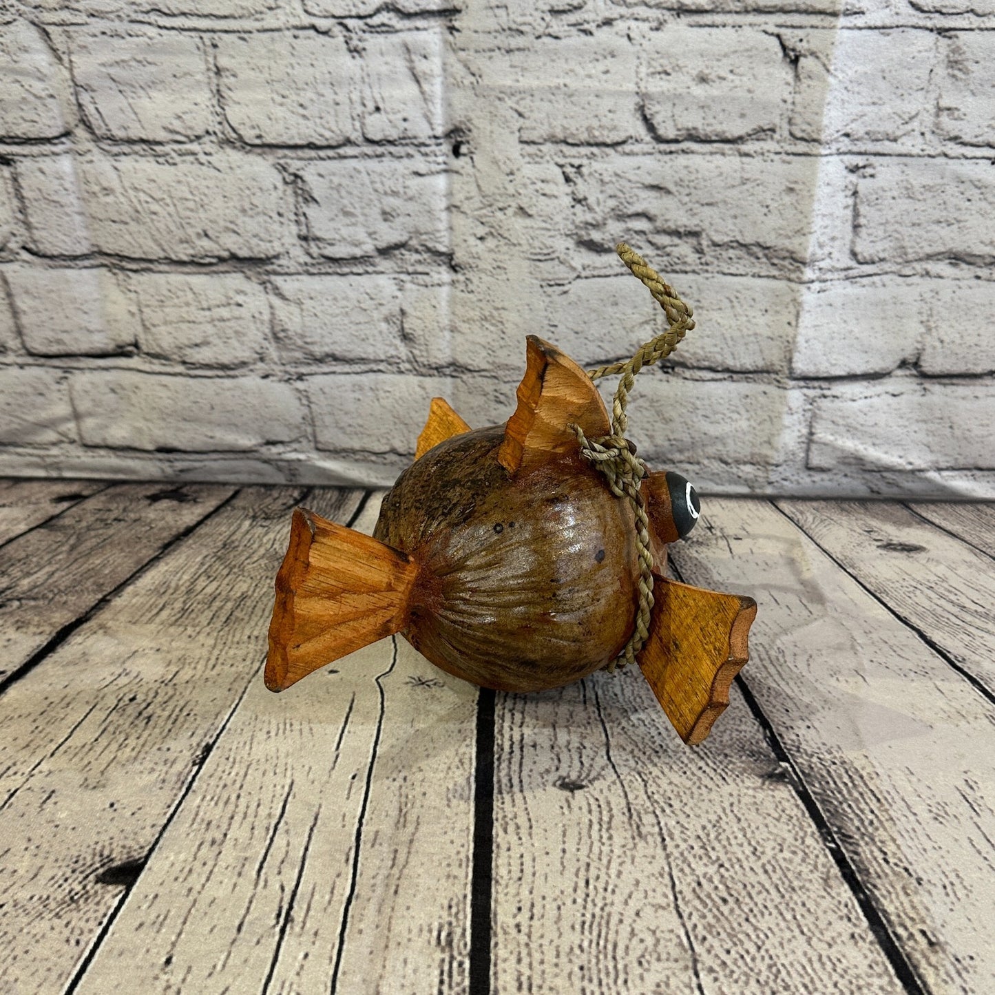 Plain Brown Folk Art Hand Painted Puffer Fish Coconut Shell Ornaments Hanging