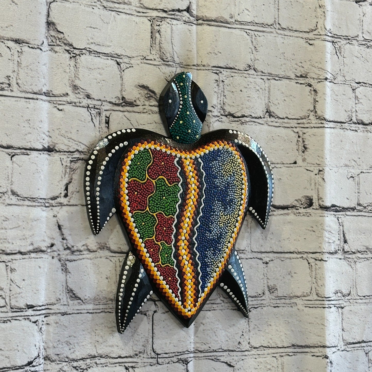 30cm Turtle Carved Wooden Dot Painted Ethnic Tribal Tiki Wall Art Handmade No 3