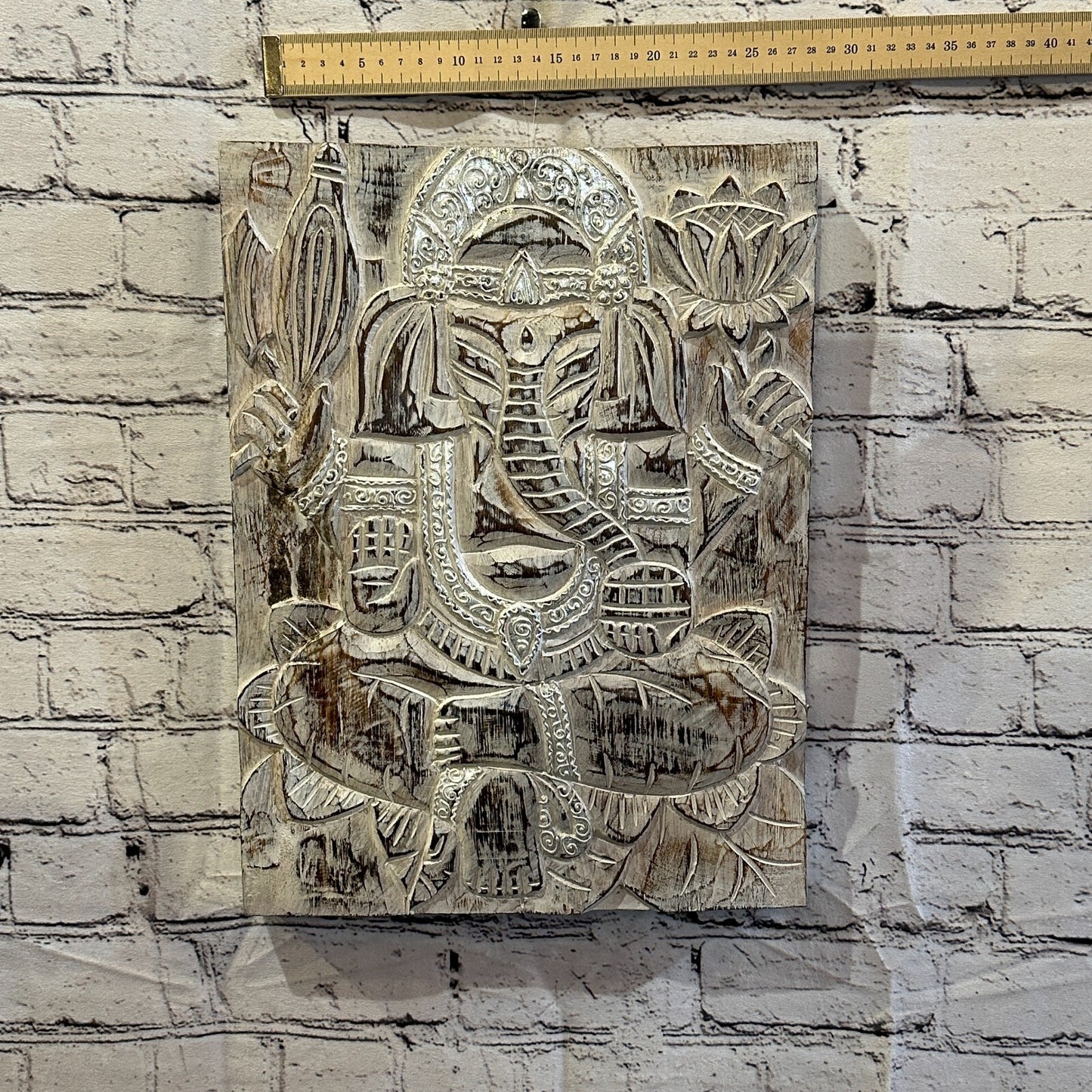 Wooden Wood Panel 40cm Brown White Ganesh Lotus Wall Art Plaque Handcarved