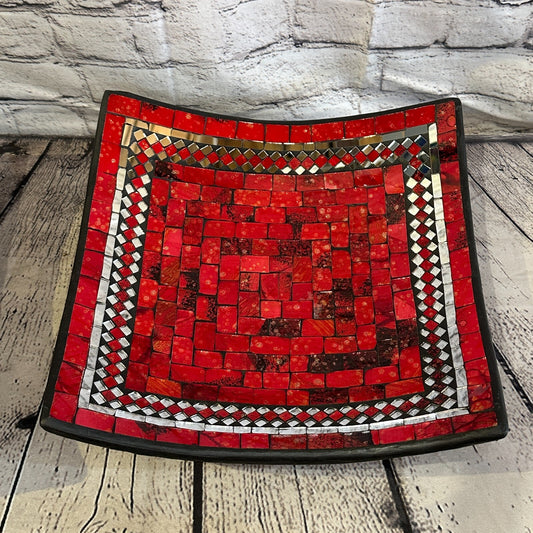 30cm Red Square Mosaic Handmade Ceramic Glass Tile Bowl Fruit