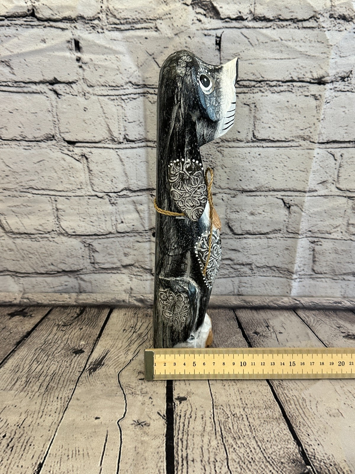 30cm Grey Flower Wooden Shabby Dog Statue Ornament Fair Trade Handcarved