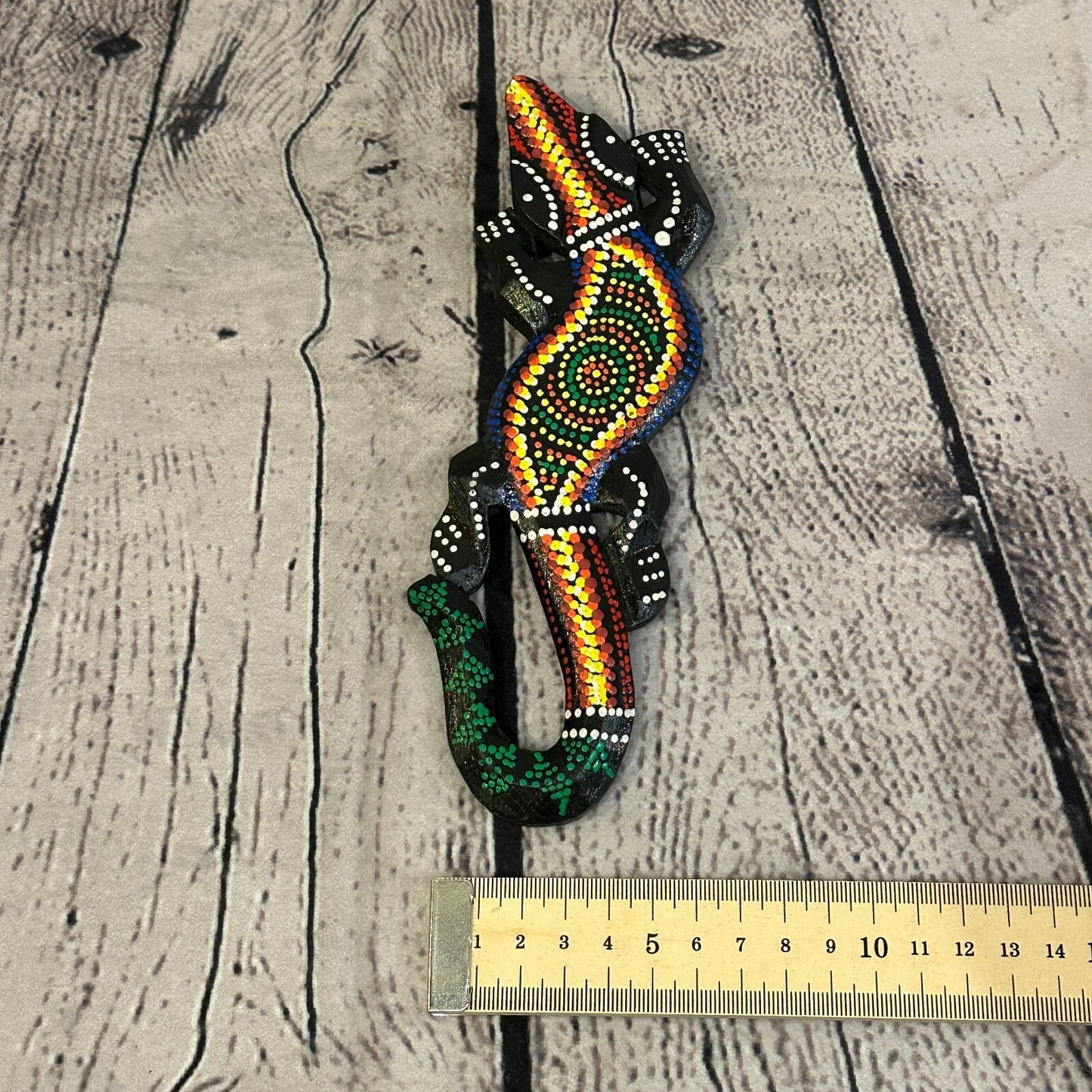 20cm Gecko Carved Wooden Dot Painted Ethnic Tribal Tiki Wall Handmade No 3