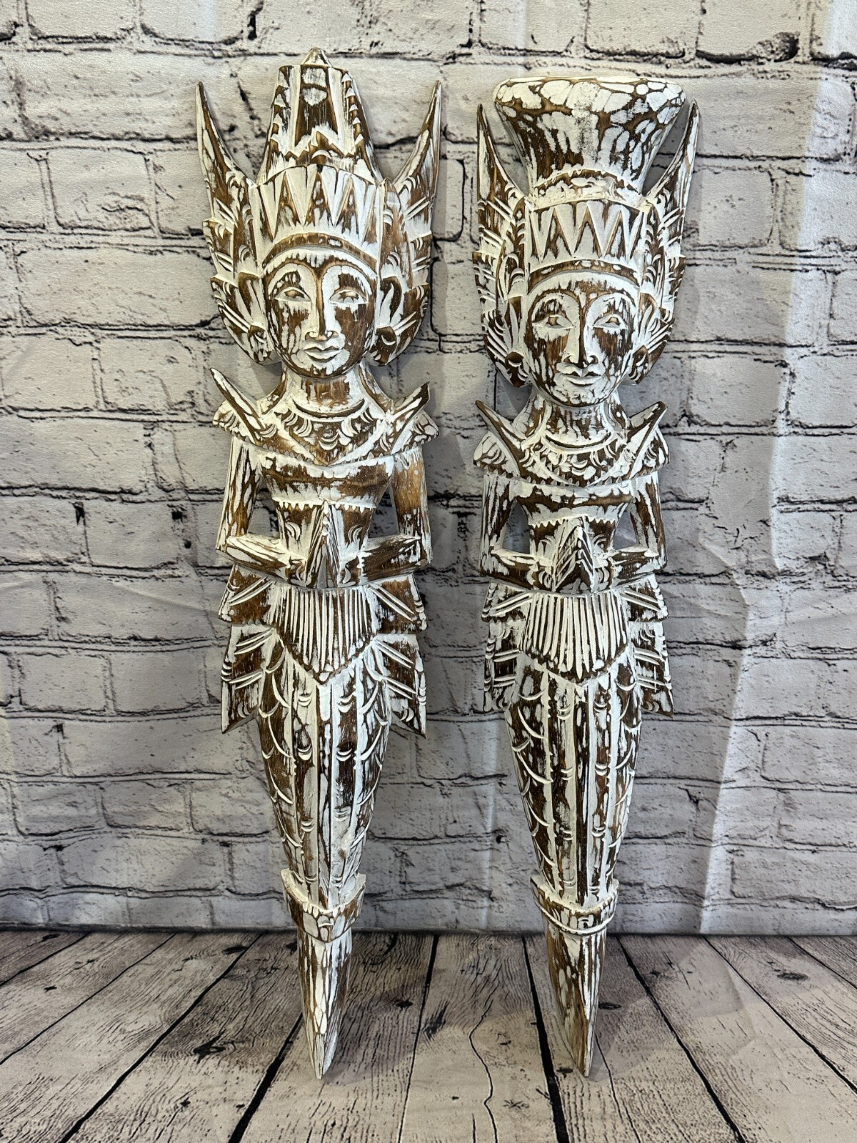 Shabby Brown Sita Dewi Bali Rice Goddess Wings Mermaid Wood Carving 65cm Pair