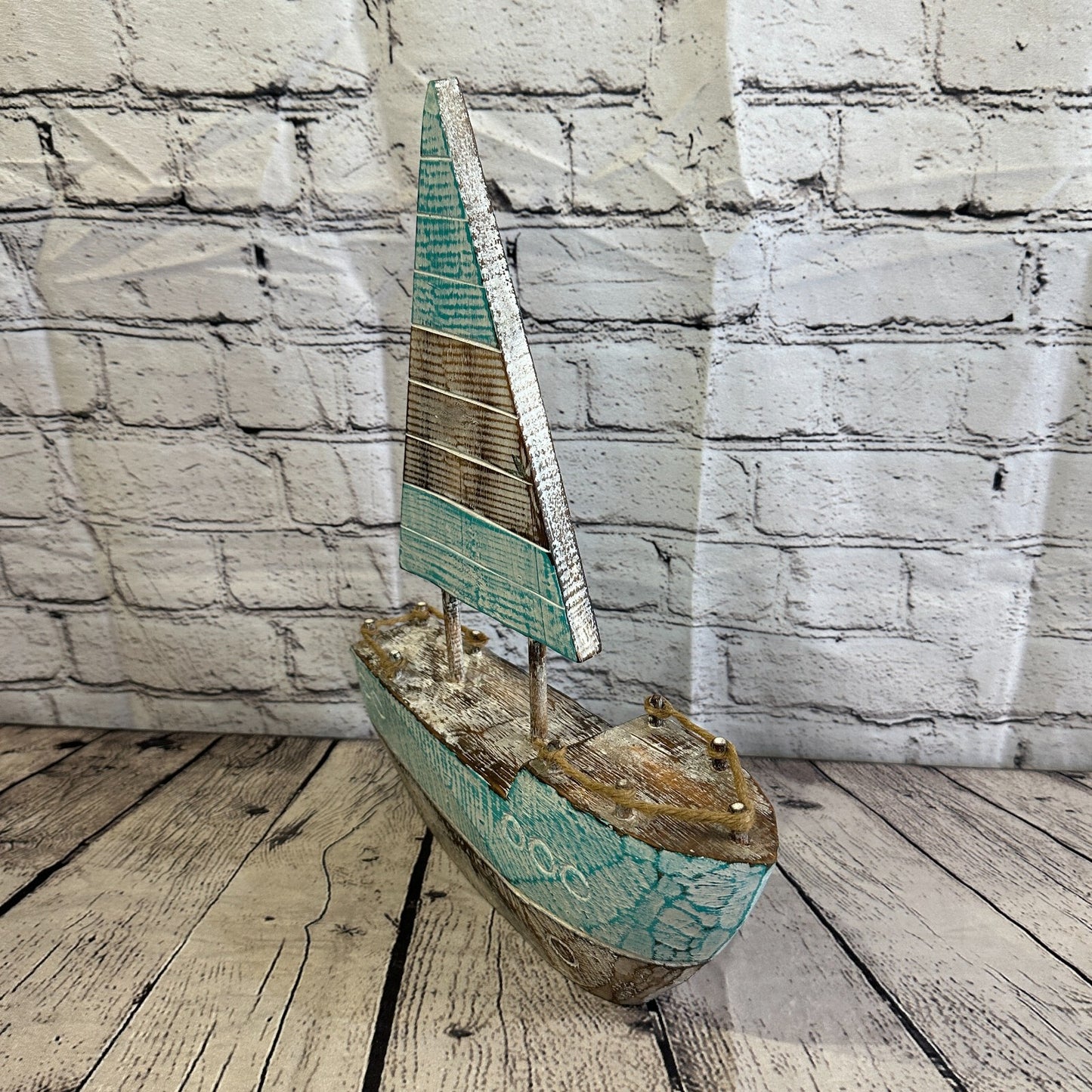 40cm Rustic Wooden Brown & Green Sailing Boat Nautical Ornament Sculpture Decor