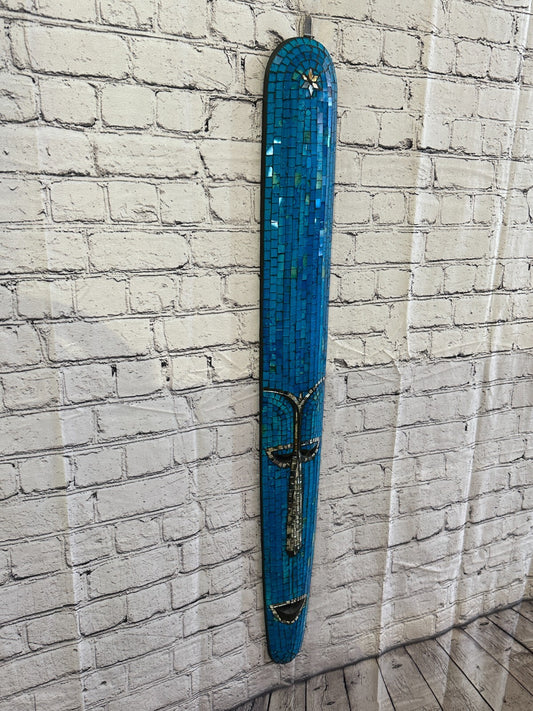 80cm Blue Mosaic Mirror Mask Carved Painted Ethnic Tribal Wall Art Handmade