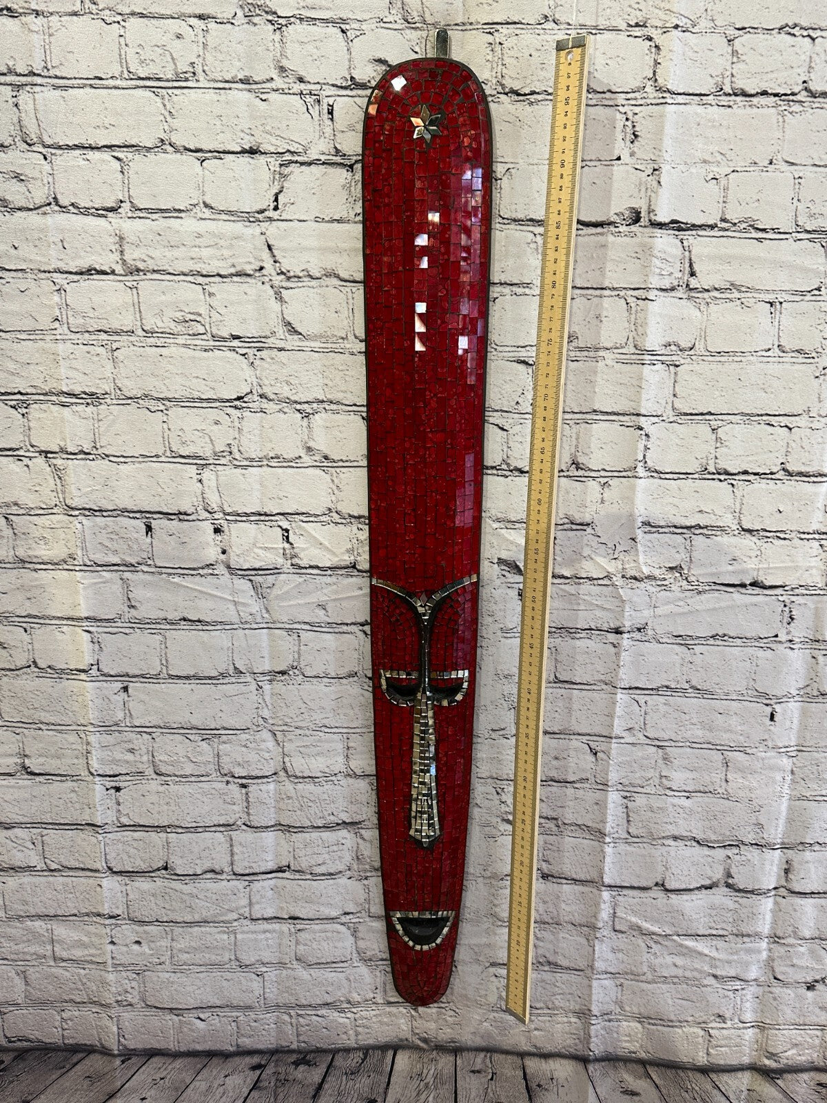 80cm Red Mosaic Mirror Mask Carved Painted Ethnic Tribal Wall Art Handmade