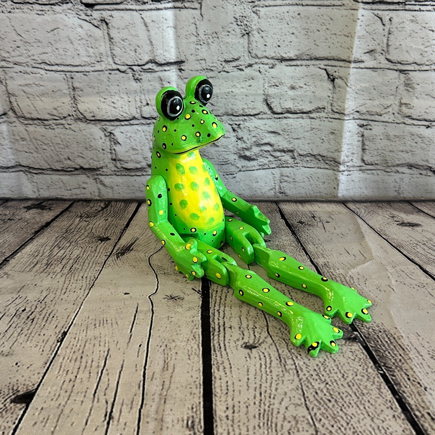 20cm Green Frog Sitting Animal, Wooden Shelf Ornament Handmade & Fairtrade