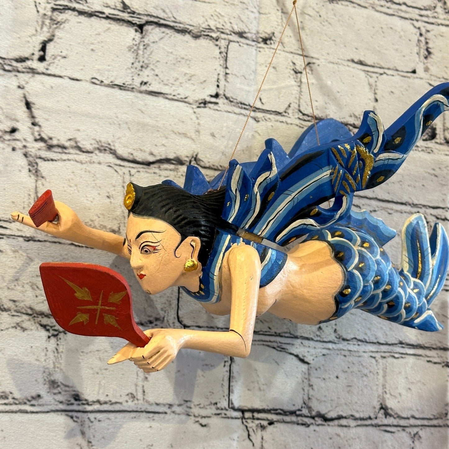 Blue Shiva Goddess Folk Art Wood Flying Winged Mobile Spirit Chaser Guardian