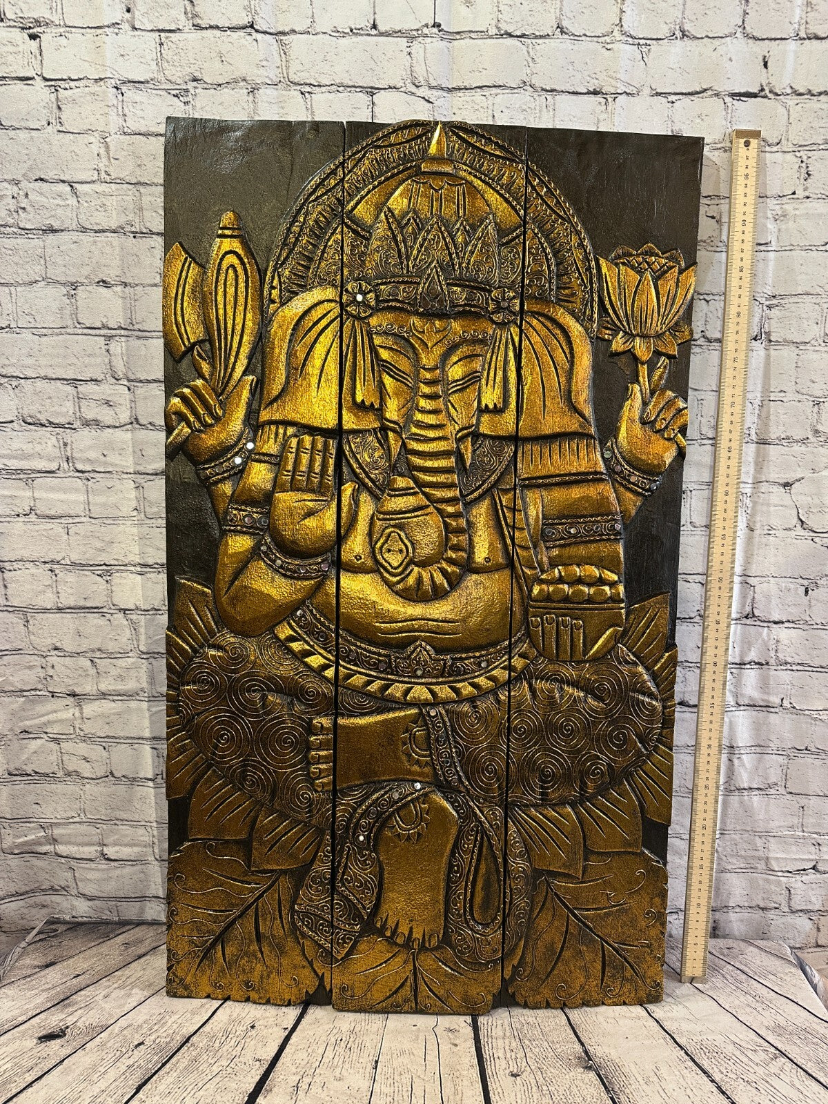 100cm x 60cm Ganesh Gold Panel Wooden Wood Panel Wall Art Plaque Handcarved