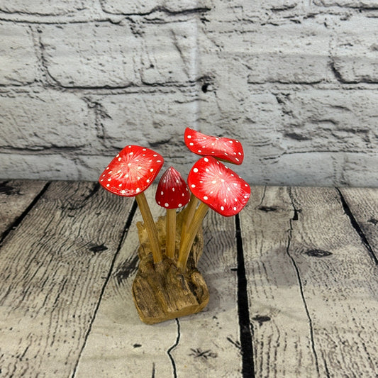Pink Red Painted Mushrooms Parasite Ornament Natural Carving Fairtrade Wooden