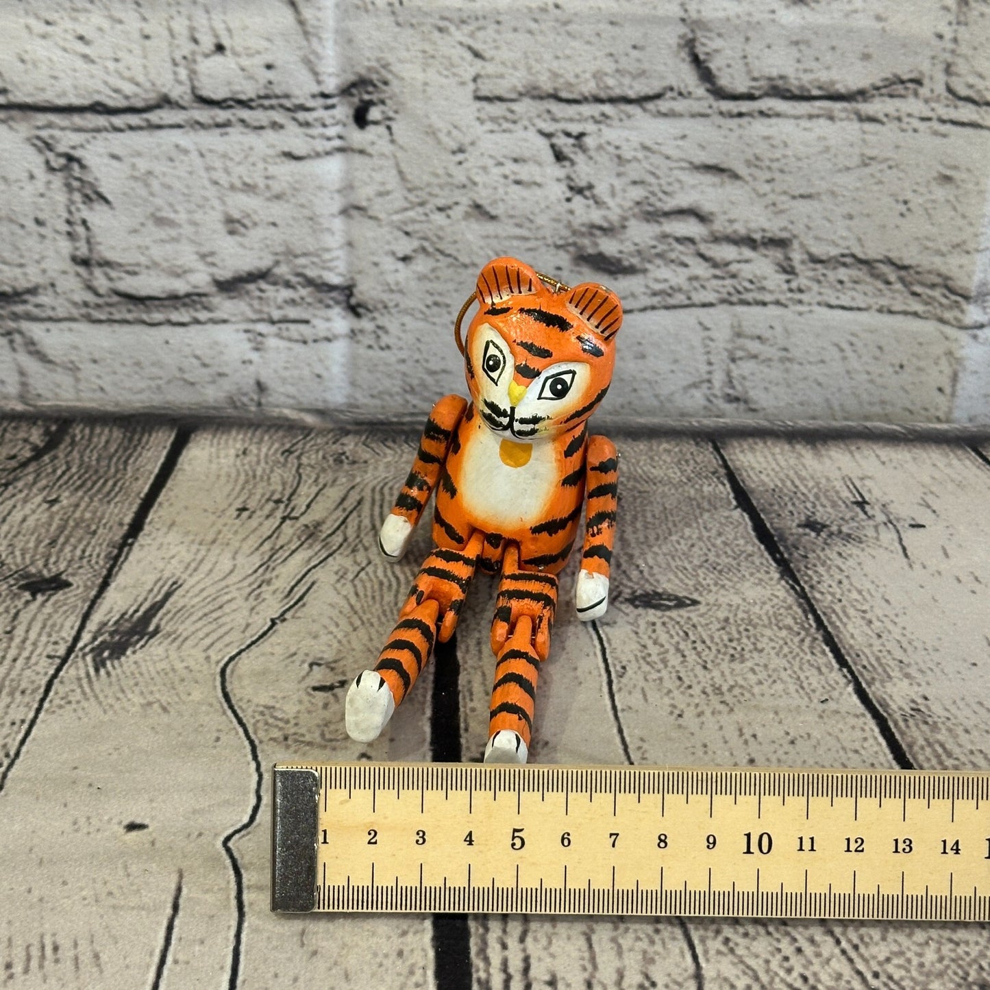 10cm Orange Tiger Sitting Animal, Wooden Shelf Ornament Handmade and Fairtrade