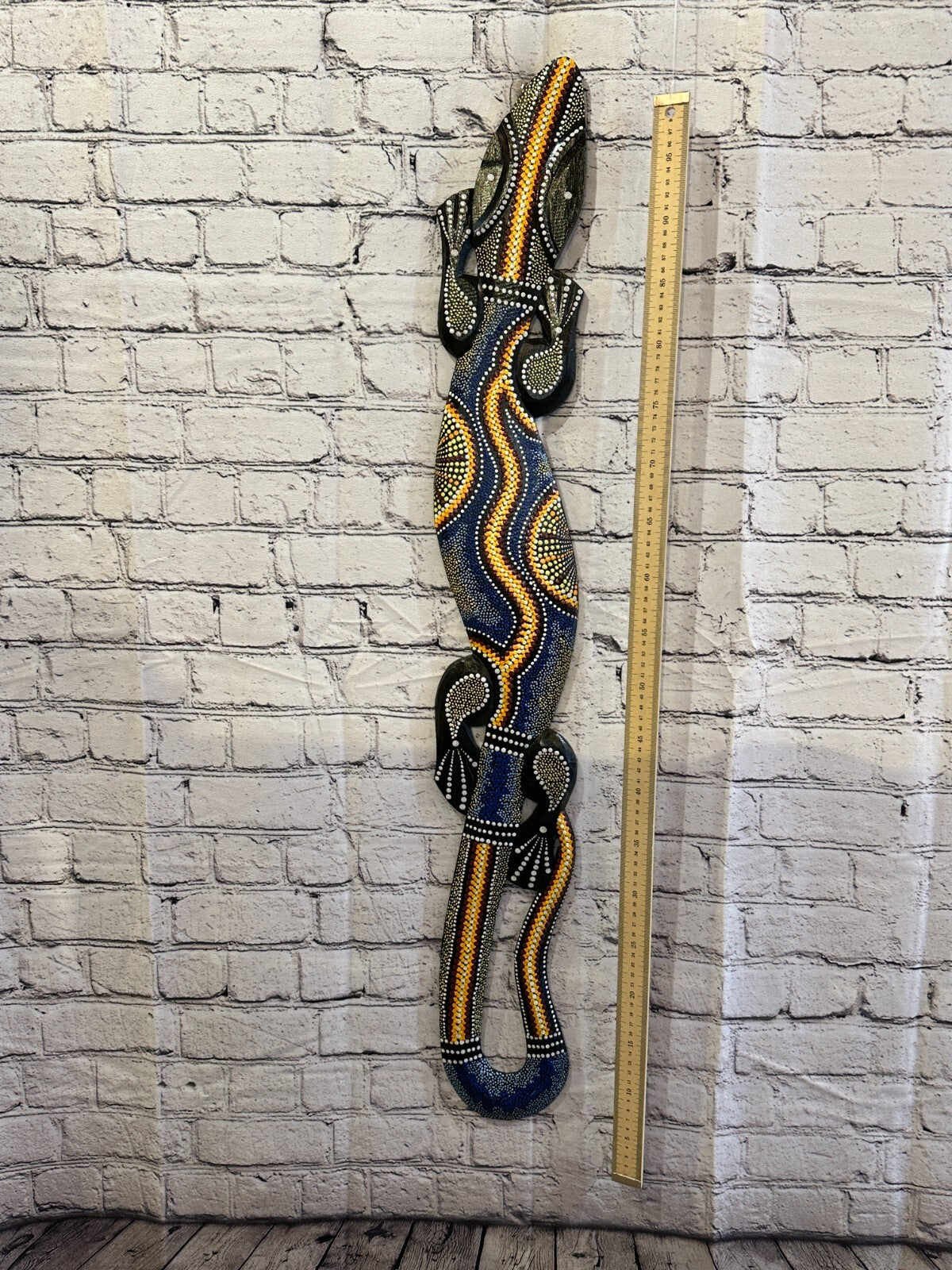 100cm Gecko Carved Wooden Dot Painted Ethnic Tribal Tiki Wall Handmade No 4