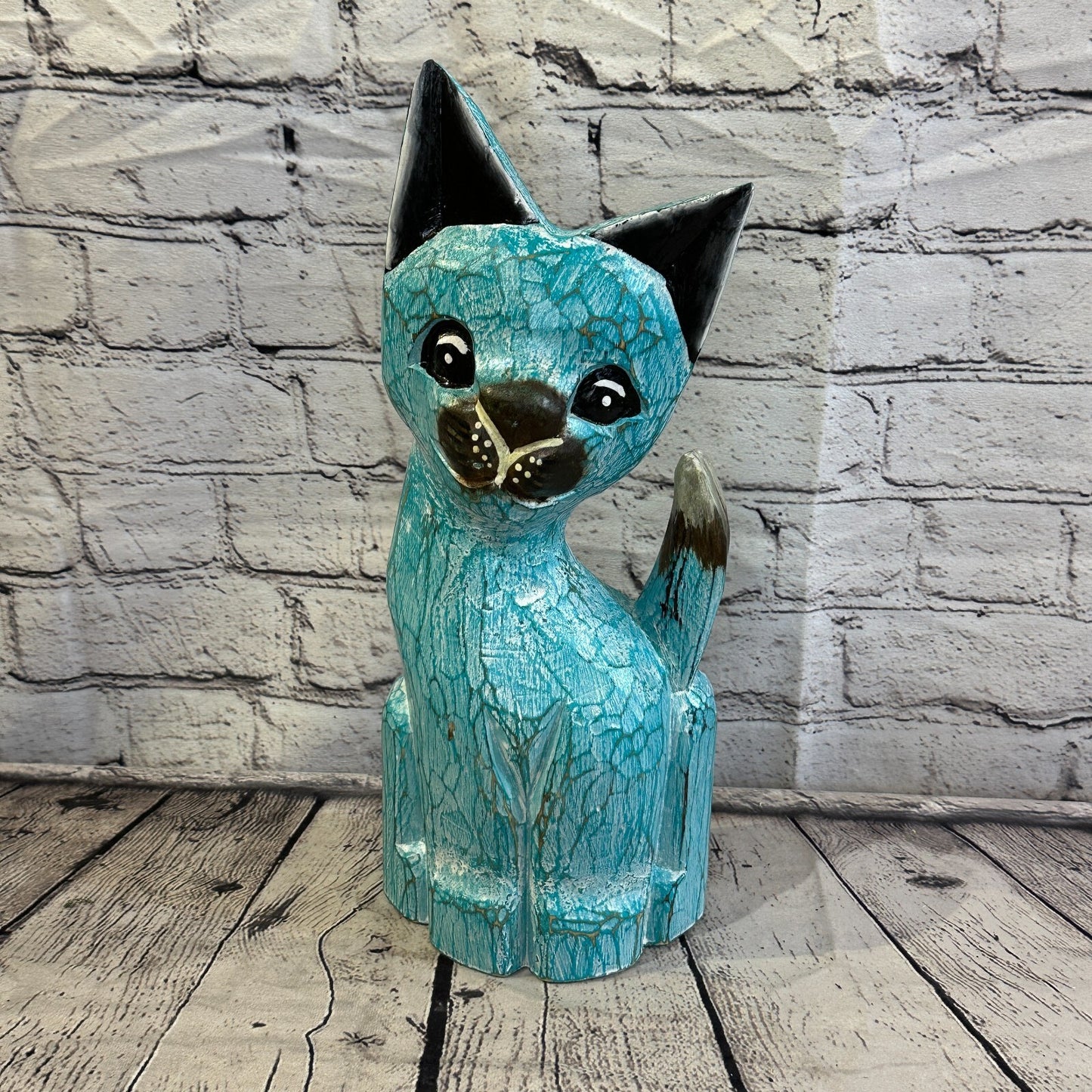 35cm x 15cm Green Flower Wooden Shabby Cat Statue Ornament Fair Trade Handcarved