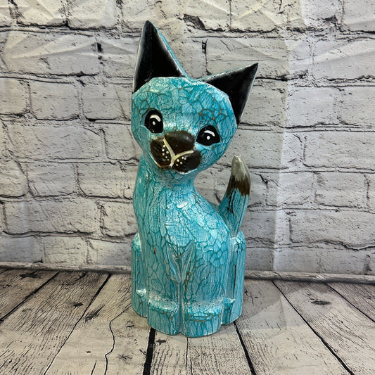35cm x 15cm Green Flower Wooden Shabby Cat Statue Ornament Fair Trade Handcarved