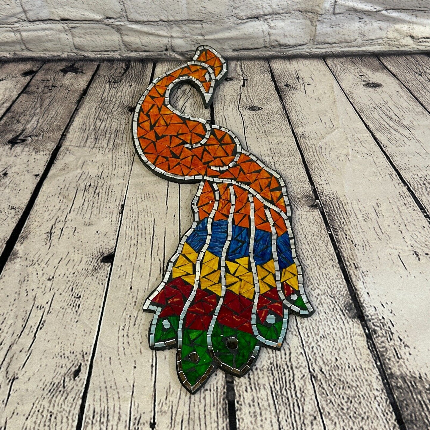 Rainbow Orange Peacock Mosaic Tile Wall Mirror 45cm x 20cm Handmade New