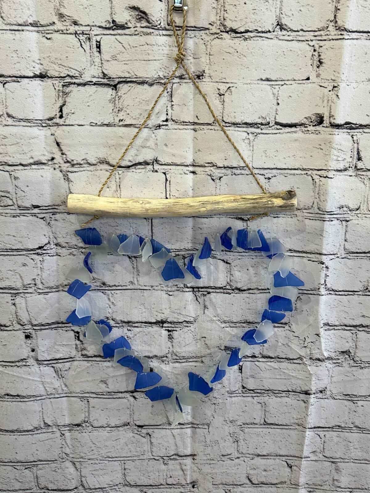 35cm x 25cm Blue Heart Recycled Glass Driftwood Handmade Garden Home Mobile