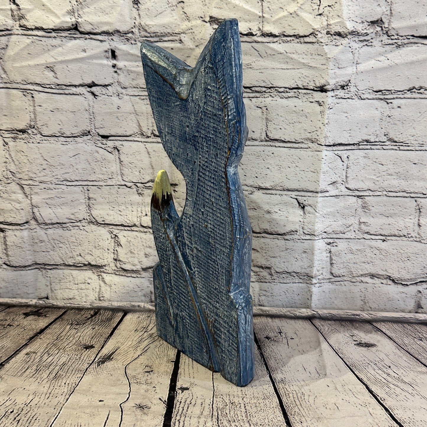 35cm x 15cm Blue Flower Wooden Shabby Cat Statue Ornament Fair Trade Handcarved