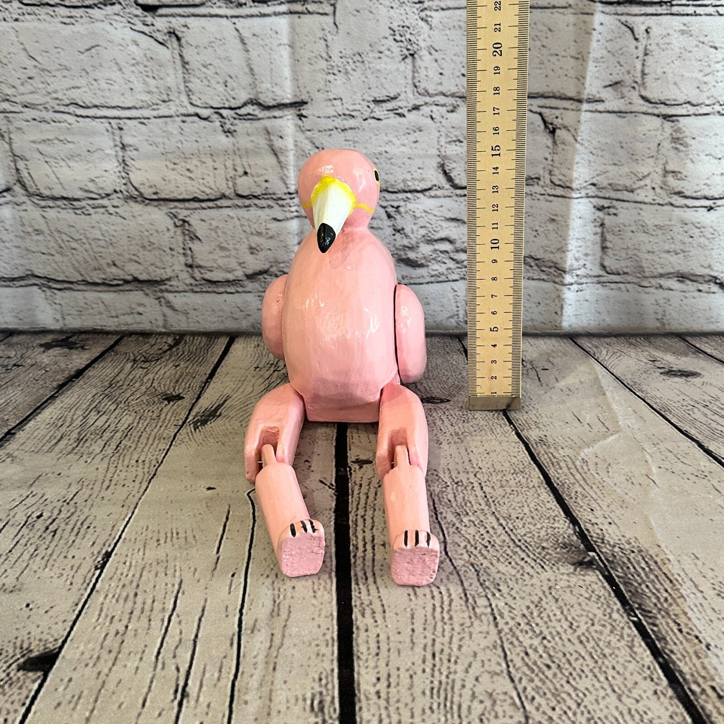 20cm Pink Flamingo Sitting Animal, Wooden Shelf Ornament Handmade & Fairtrade