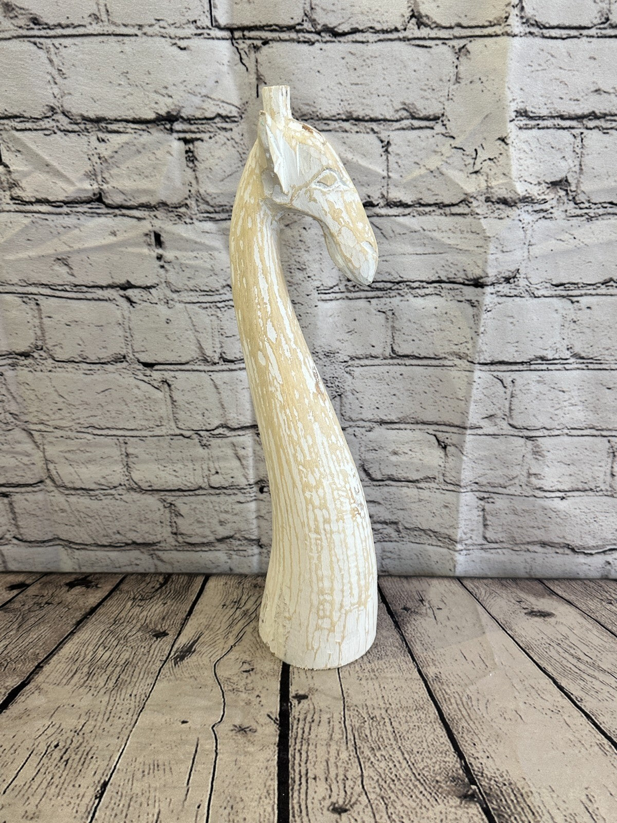 White Wooden Giraffe Head With Shabby Pattern 40cm x 10cm Handmade and Fairtrade
