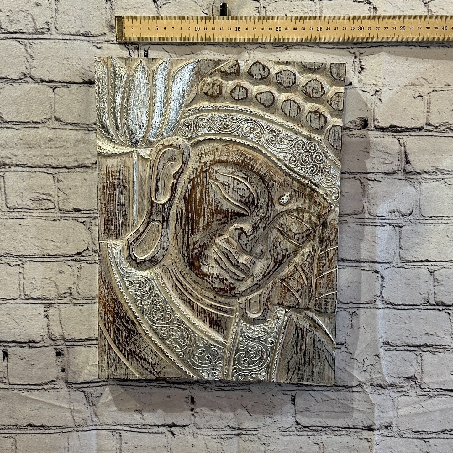 Wooden Wood Panel 40cm Brown White Buddha Tall Lotus Wall Art Plaque Handcarved