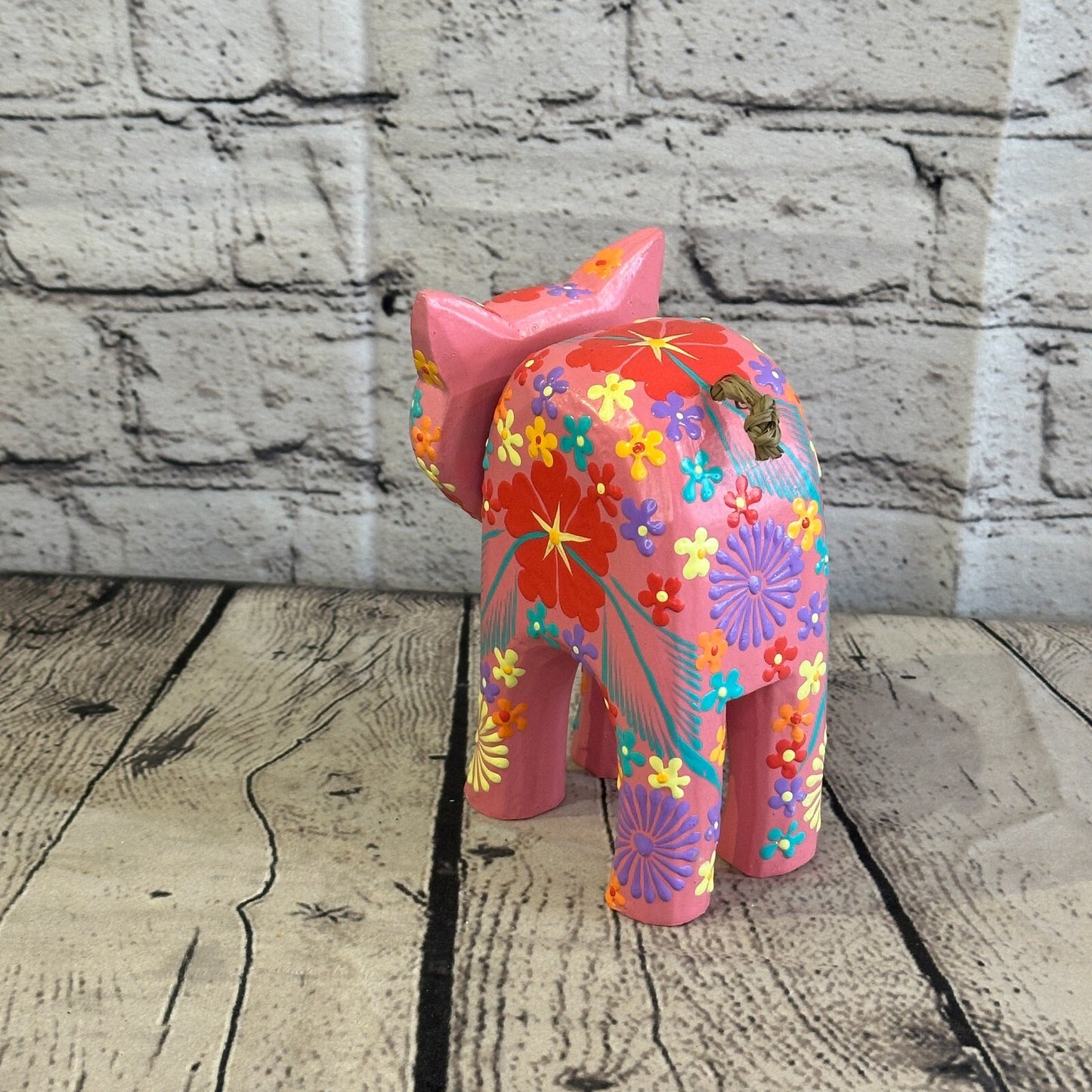 Pink Large Wooden Cat With Flower Pattern 15cm x 10cm Handmade and Fairtrade