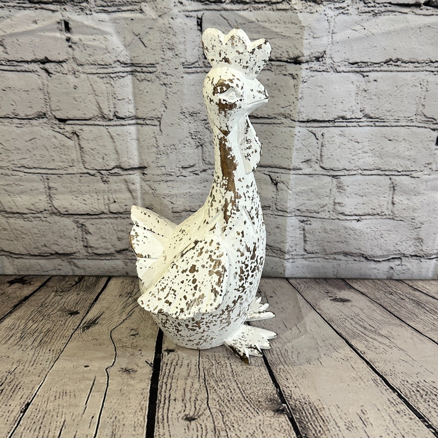 30cm x 15cm White Shabby Wooden Rooster Cockerel Retro Collectable Hand Carved
