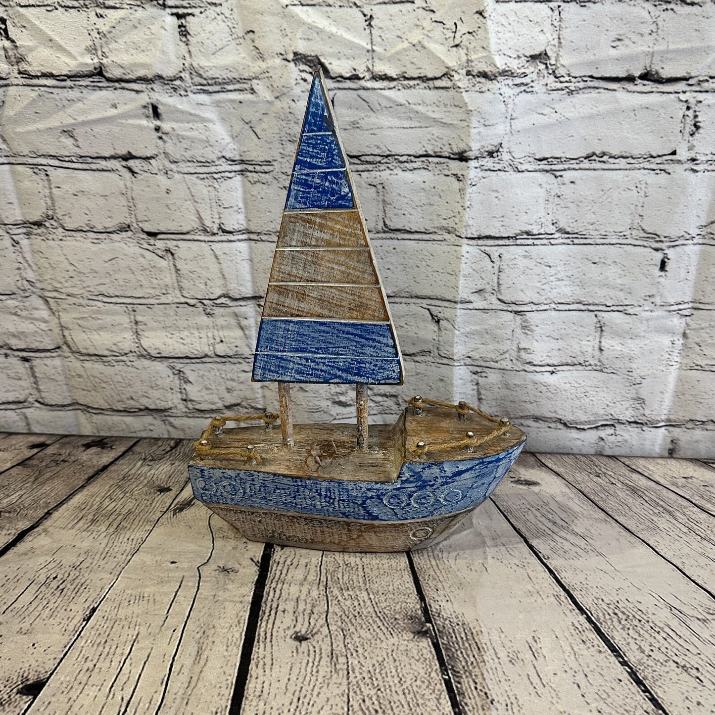 35cm Rustic Wooden Brown & Blue Sailing Boat Nautical Ornament Sculpture Decor