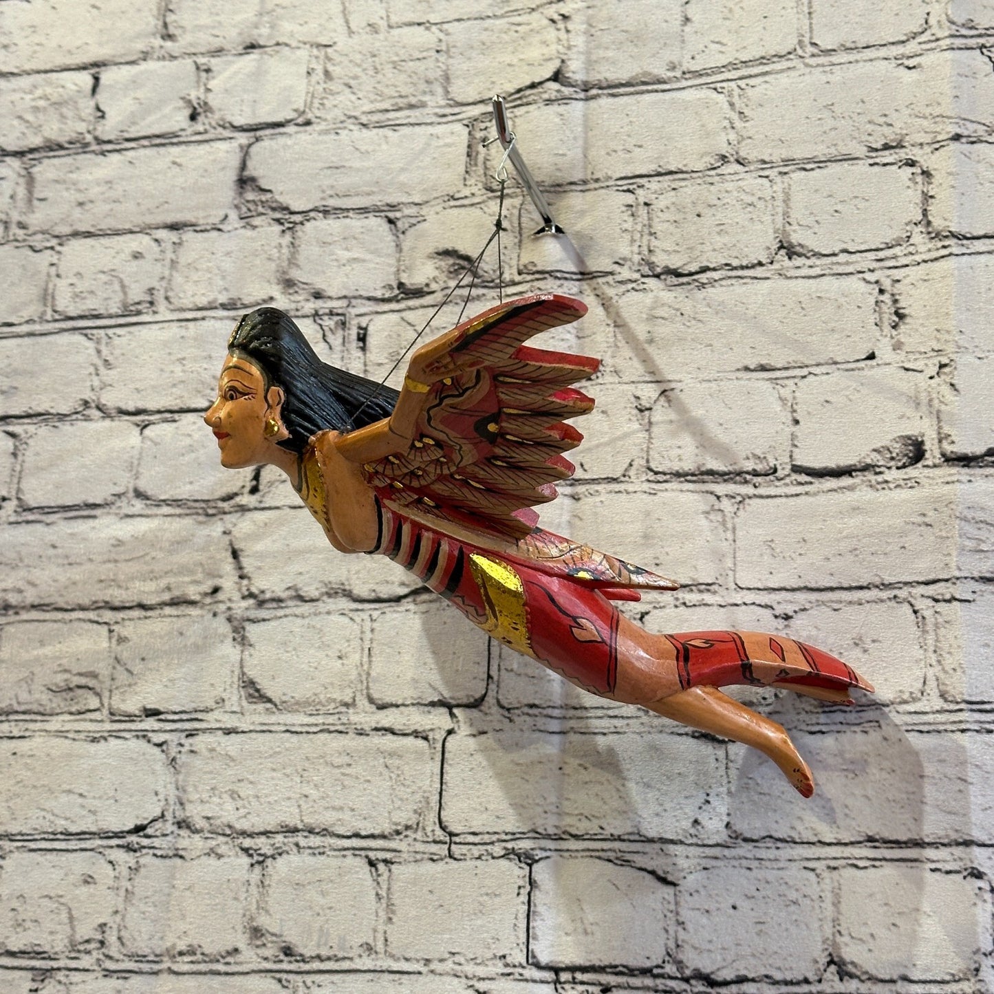 Red Shiva Goddess Folk Art Wood Flying Winged Mobile Spirit Chaser Guardian