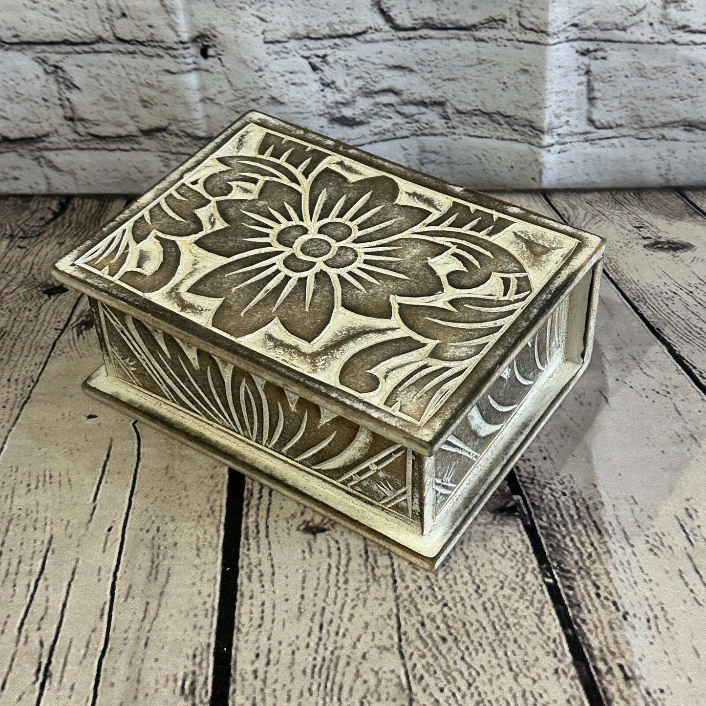 Brown Flower MDF Box Lotus 18cm x 12cm x 7cm Wooden Box Trinket Handmade