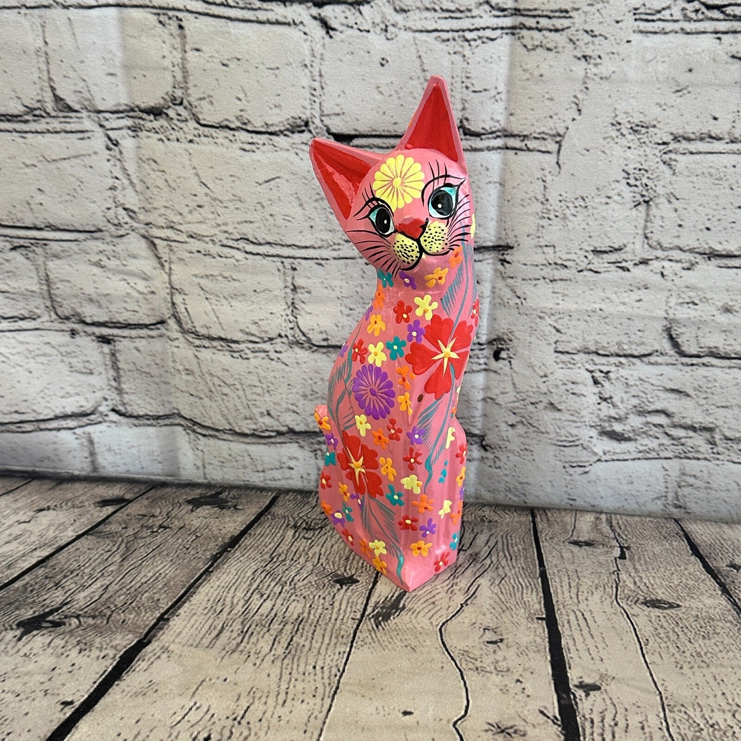 Pink Flat Back Wooden Cat With Flower Pattern 25cm x 8cm Handmade and Fairtrade