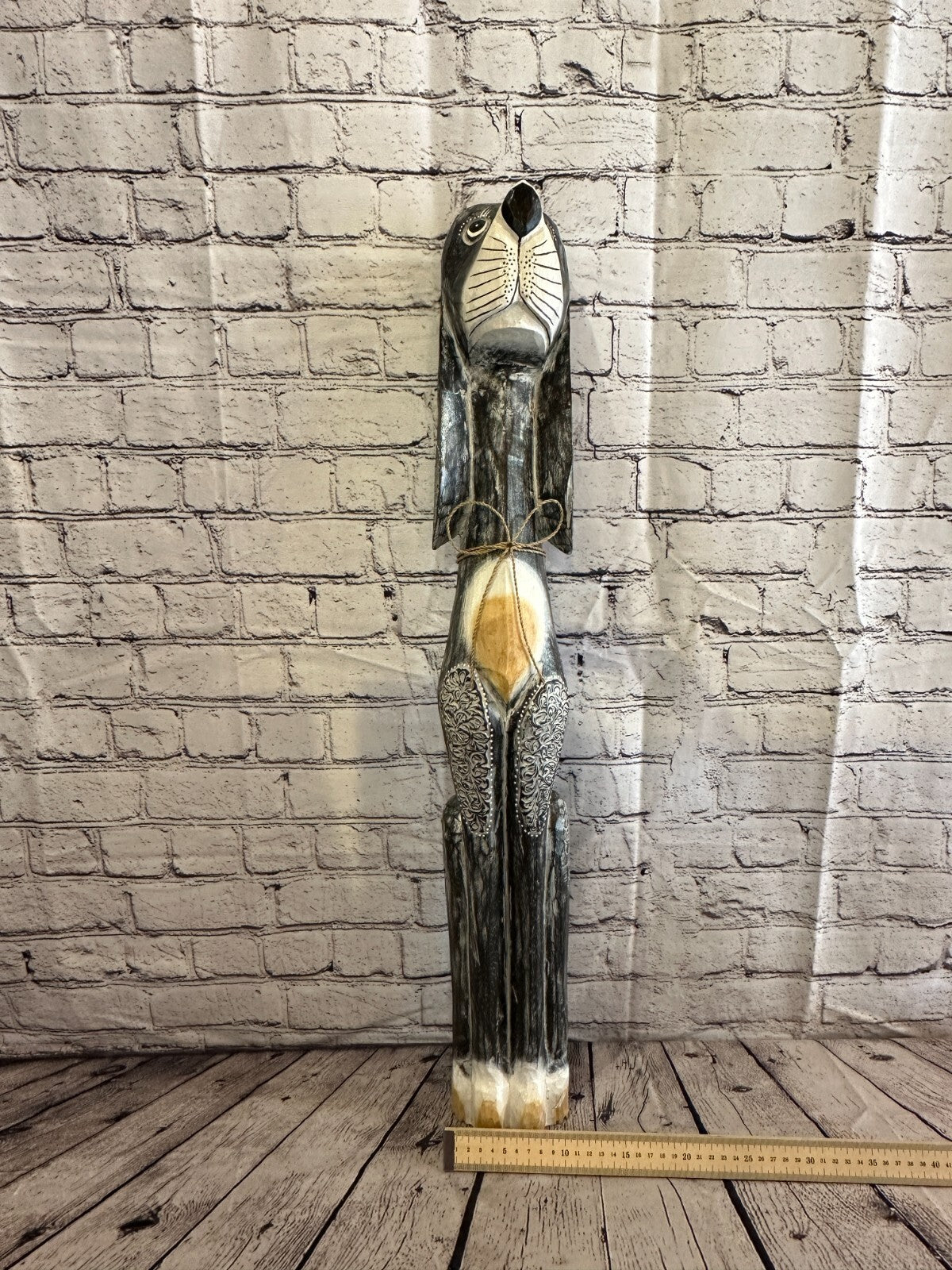 80cm Grey Flower Wooden Shabby Dog Statue Ornament Fair Trade Handcarved