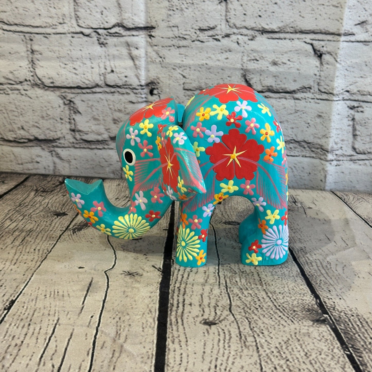 Blue Wooden Elephant With Flower Pattern 15cm x 18cm Handmade and Fairtrade