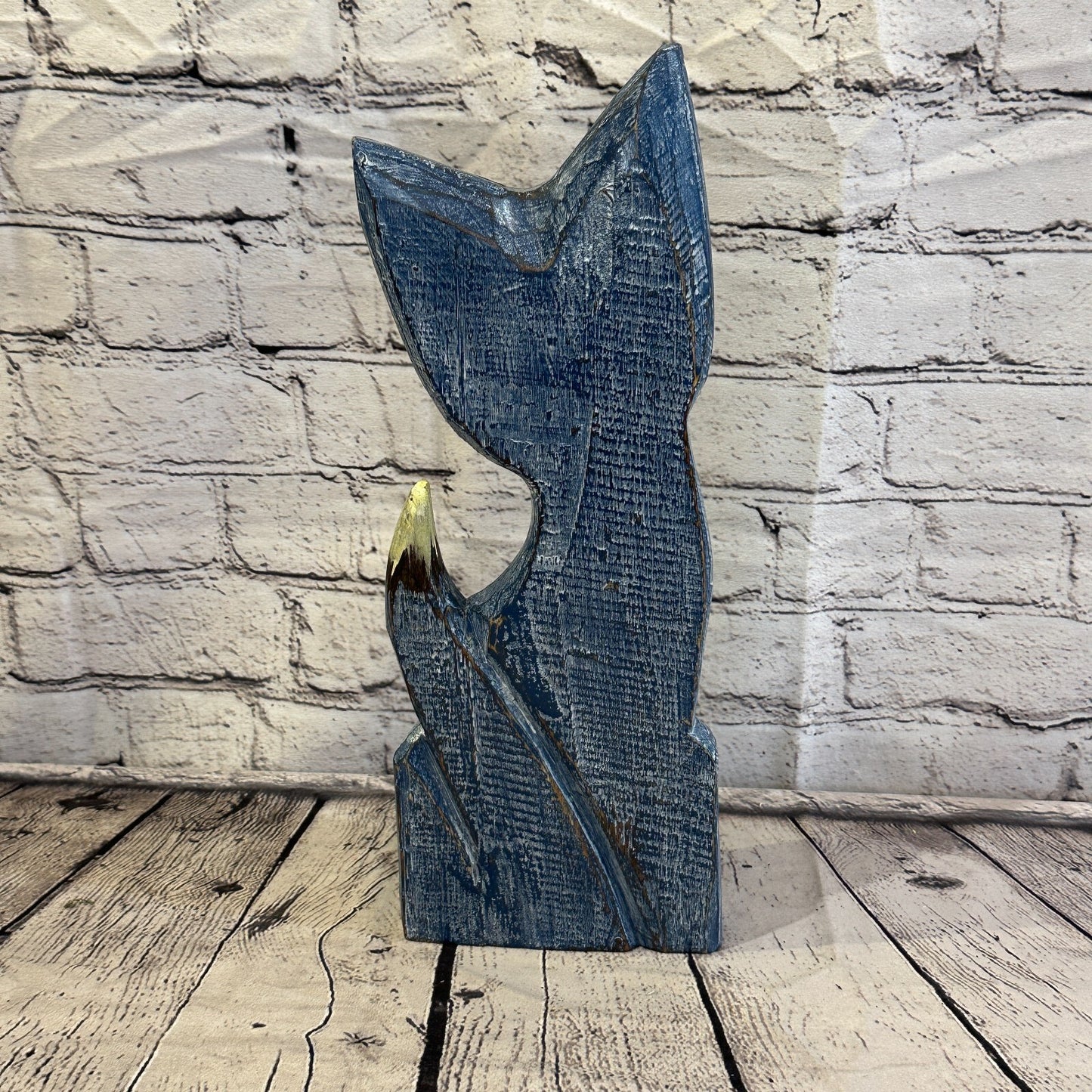 35cm x 15cm Blue Flower Wooden Shabby Cat Statue Ornament Fair Trade Handcarved