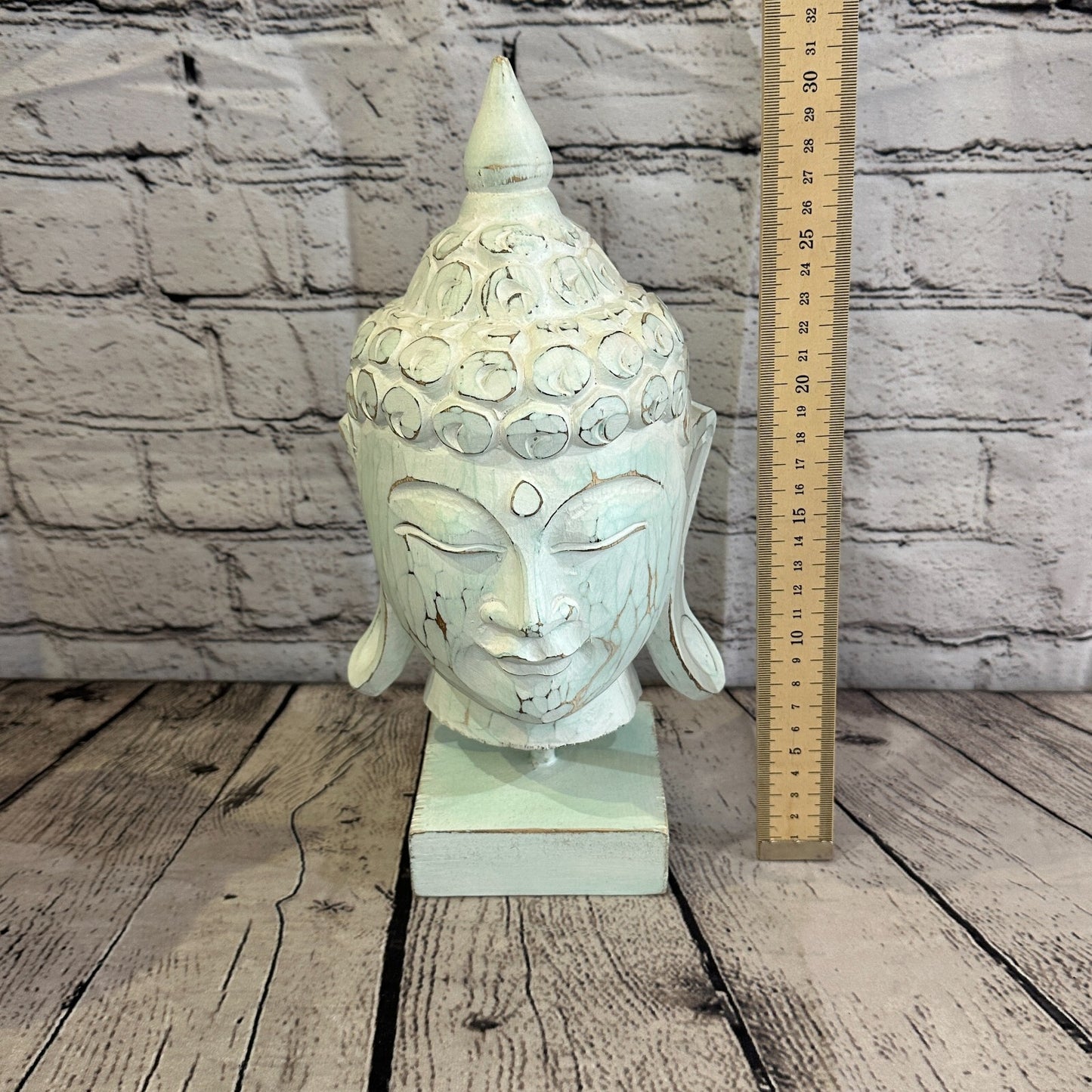 30cm Green Buddha Head Wooden Standing Statue Figurine Ornament Fair Trade