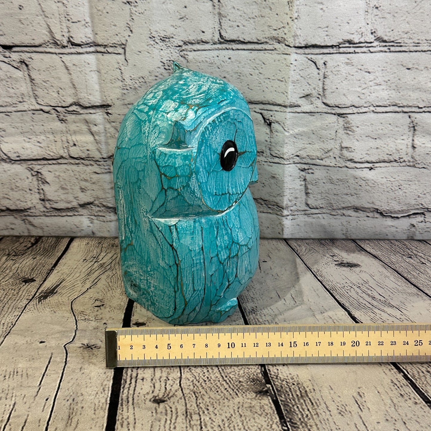 20cm x 15cm Green Flower Wooden Shabby Owl Statue Ornament Fair Trade Handcarved