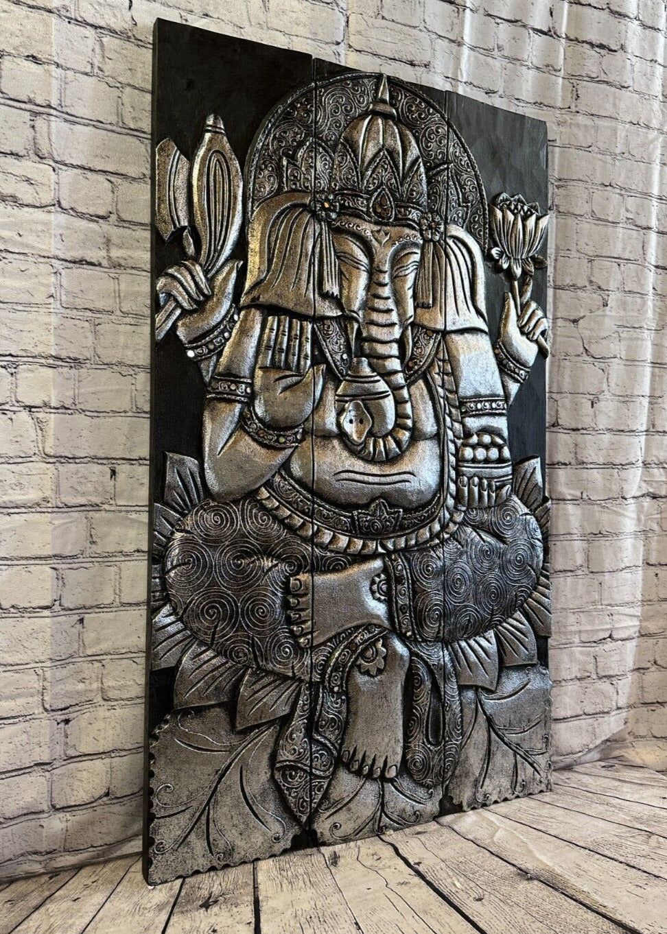 100cm x 60cm Ganesh Silver 3 Panel Wooden Wood Panel Wall Art Plaque Handcarved