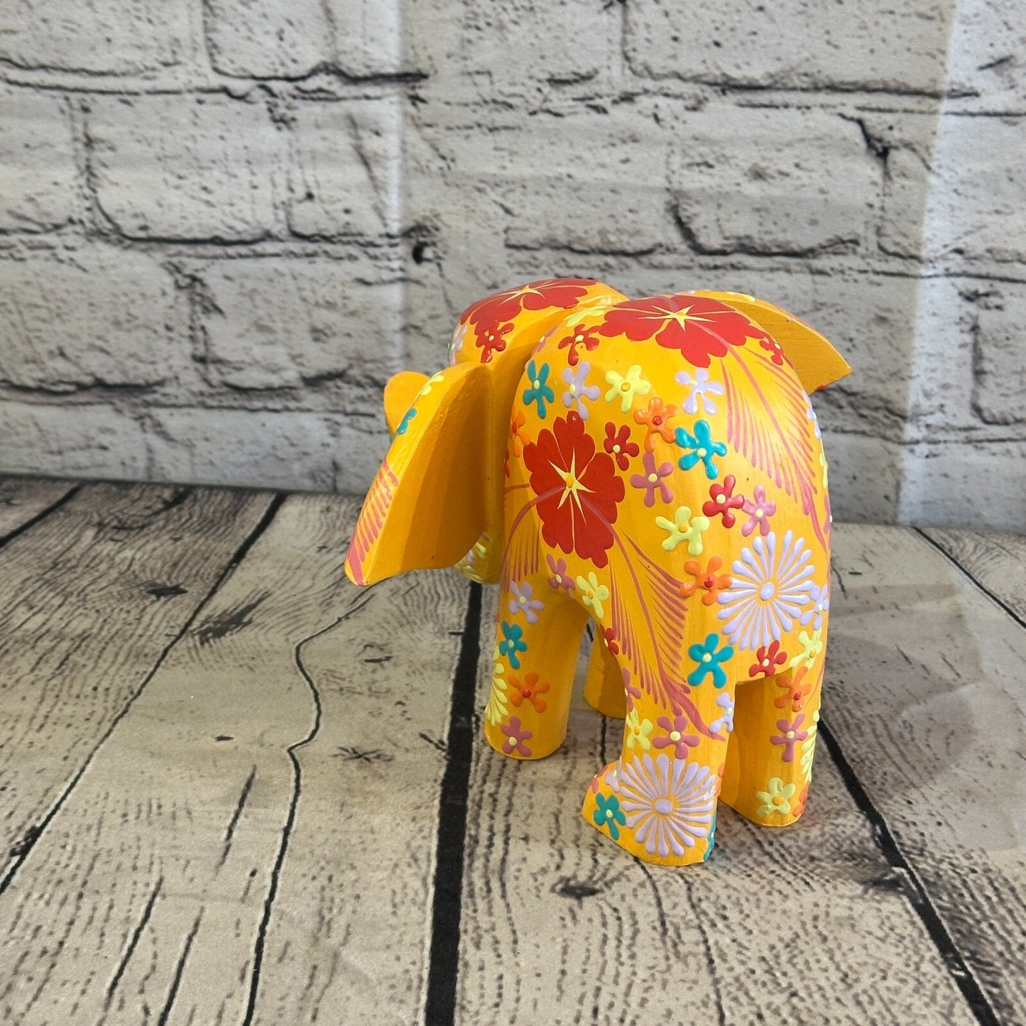 Orange Wooden Elephant With Flower Pattern 15cm x 18cm Handmade and Fairtrade