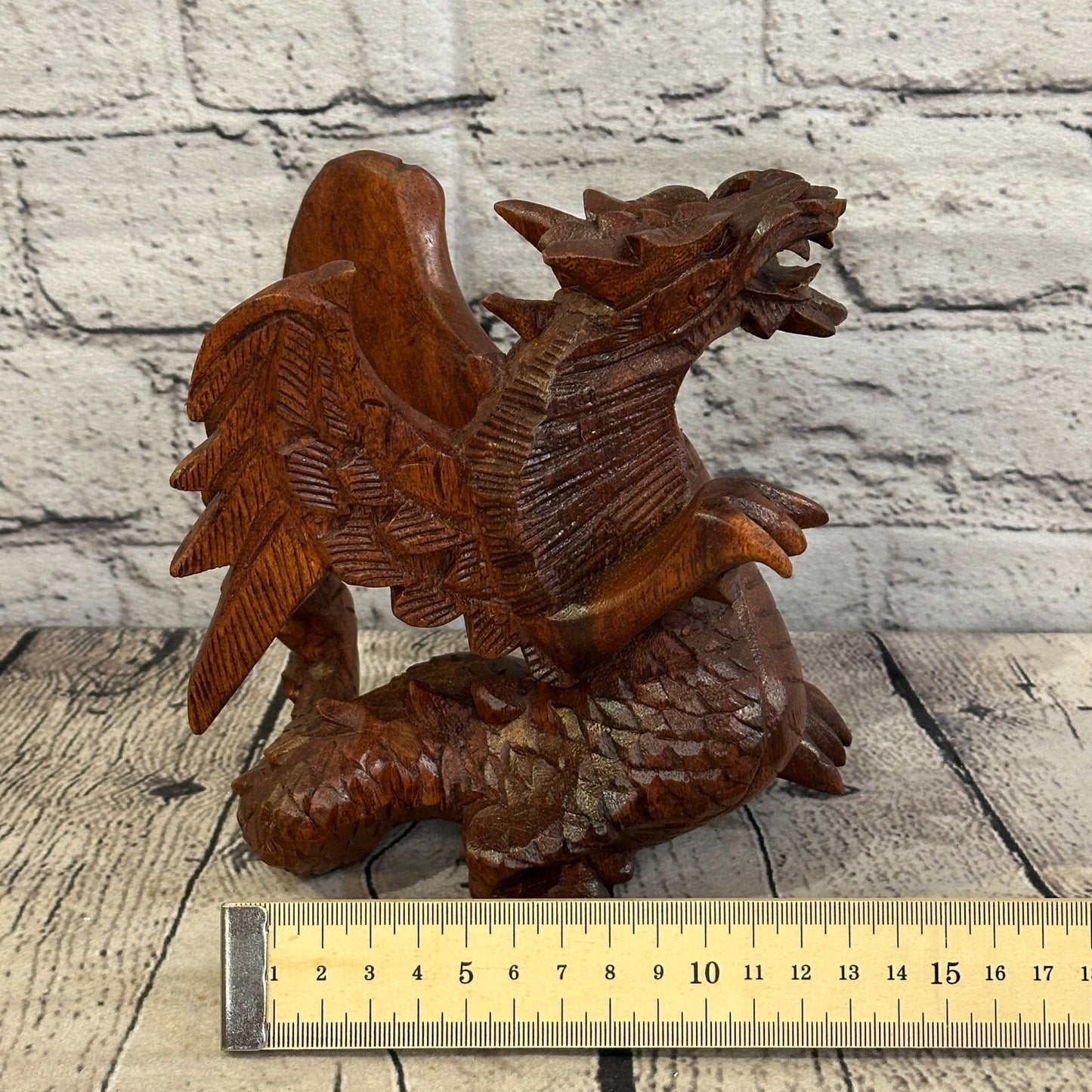 15cm x 15cm Dark Wooden Standing Dragon Carving Hand Carved Wing Back Dragon