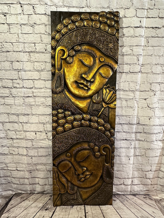 120cm x 40cm Tall Buddha 2 Faces Gold Wooden Wood Panel Wall Art Plaque