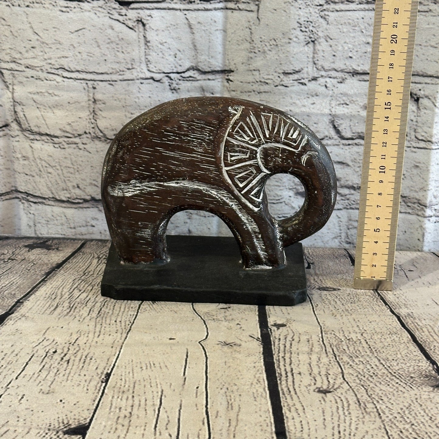 15cm x 15cm Wooden Tribal Primitive Black Elephant Round Stand Sculpture Statue