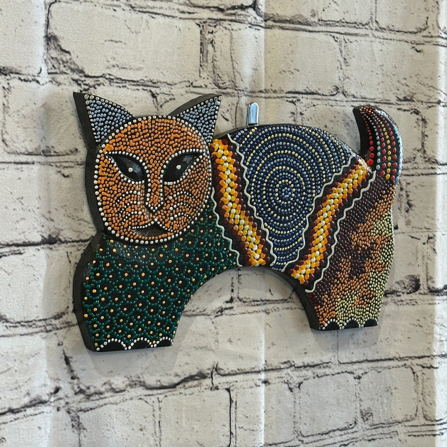 30cm Orange Cat Carved Wooden Dot Painted Ethnic Tribal Tiki Wall Art Handmade