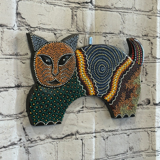 30cm Orange Cat Carved Wooden Dot Painted Ethnic Tribal Tiki Wall Art Handmade