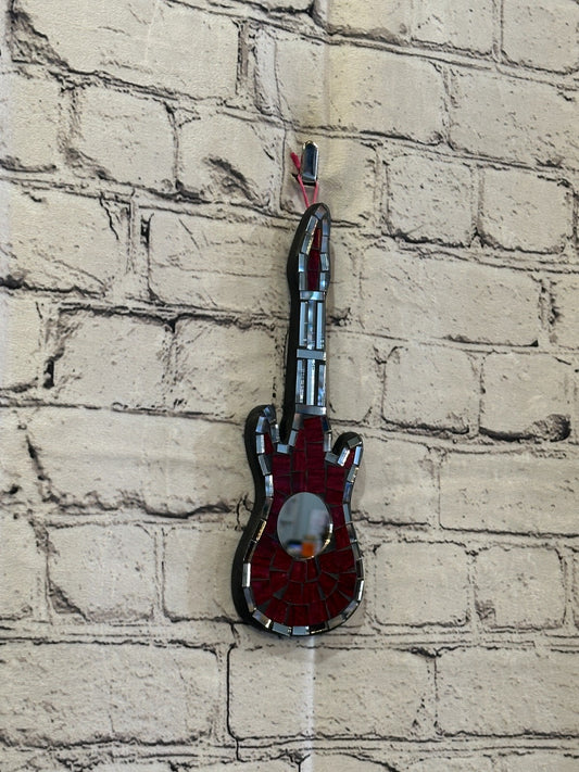 Bright Red Electric Guitar Mosaic Tile Wall Mirror 20cm x 8cm Handmade New