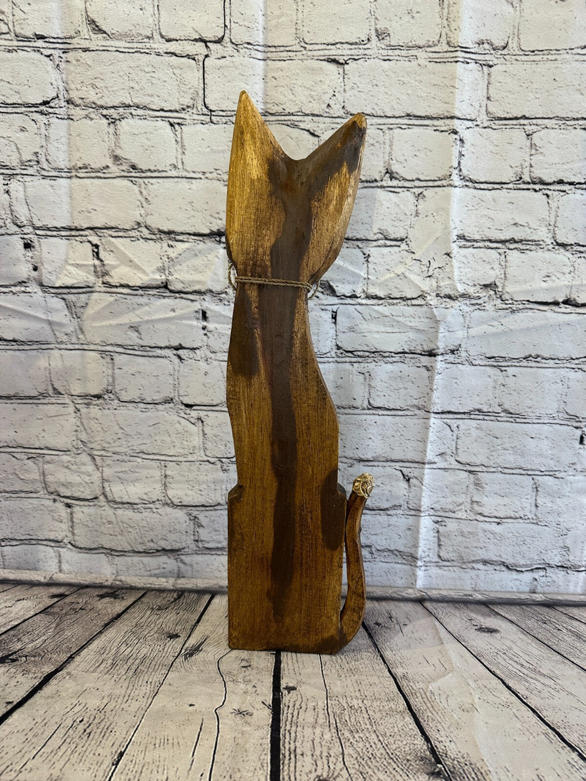 50cm Brown Swirl Flower Wooden Shabby Cat Statue Ornament Fair Trade Handcarved