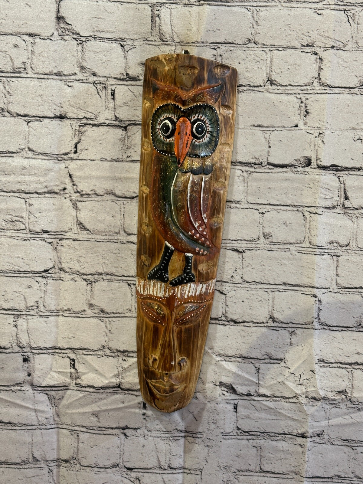 50cm Standing Owl Hand Carved Fair Trade Wooden Animal Wall Art Wall Hang Mask