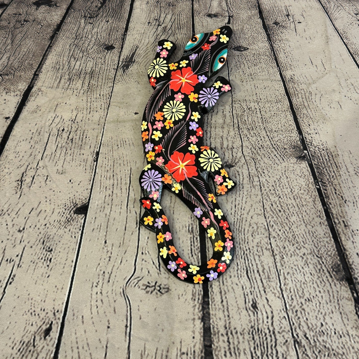 30cm Gecko Lizard Black Flower Wood Wall Hanging Wooden Ornaments Carving