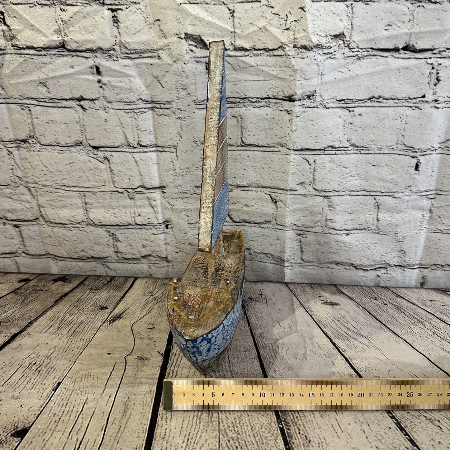 35cm Rustic Wooden Brown & Blue Sailing Boat Nautical Ornament Sculpture Decor